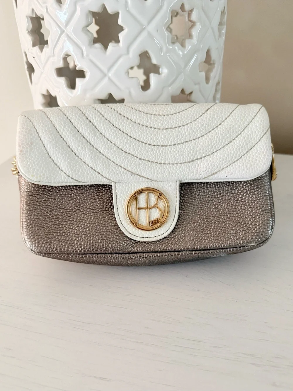 Henri Bendel Pebbled Leather Flap Clutch with Wristlet Chain